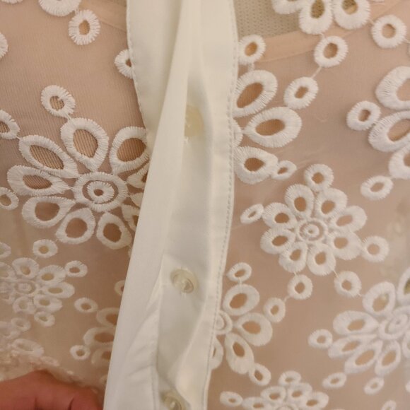 Catherine Malandrino Sheer Short Sleeve Button Down w/ Emroidered Floral Cutouts - Picture 5 of 8